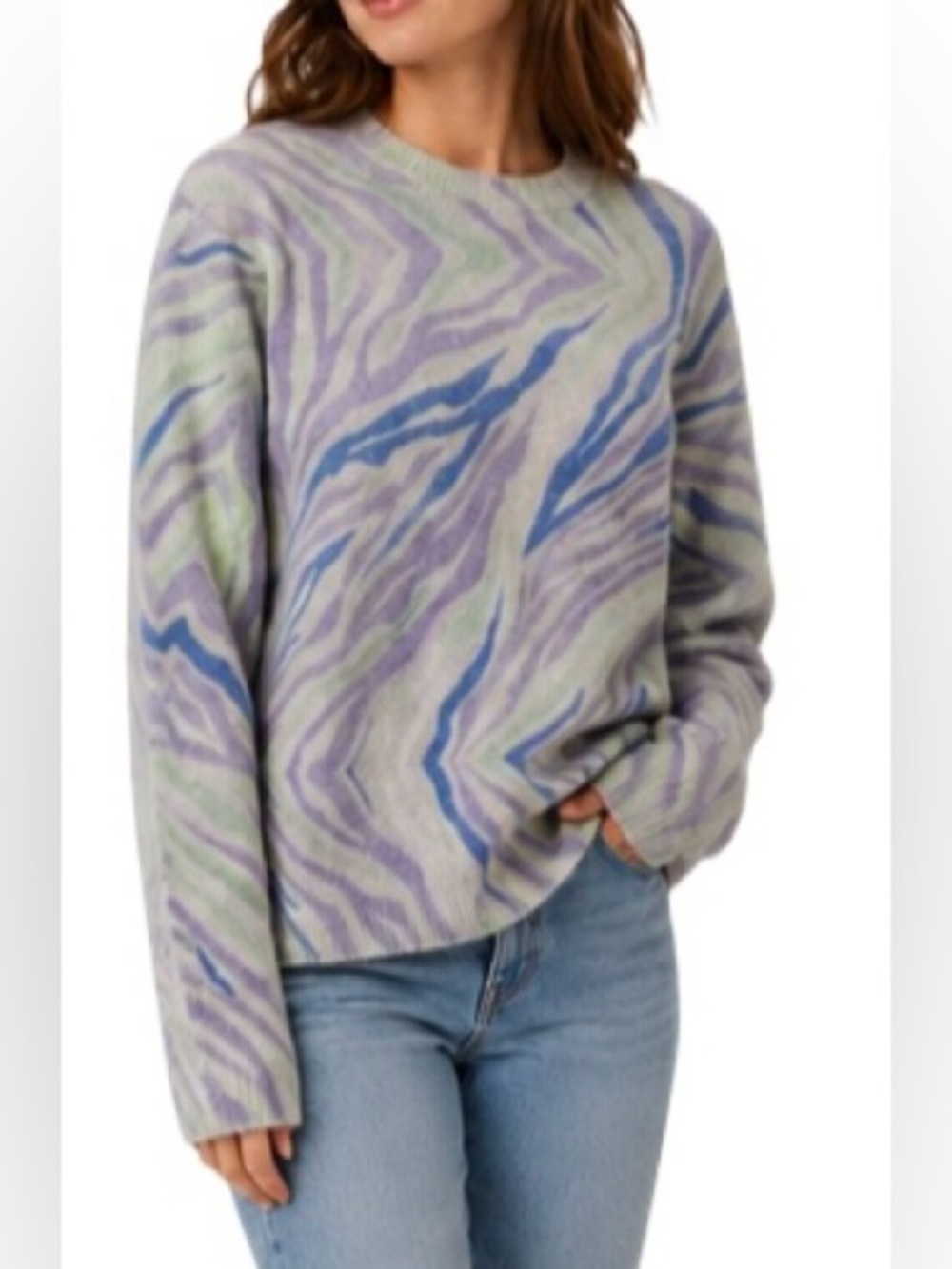 Betta Italy Mohair Alpaca Sweater 1X Abstract Zebra Print Fuzzy Knit Blue Green
